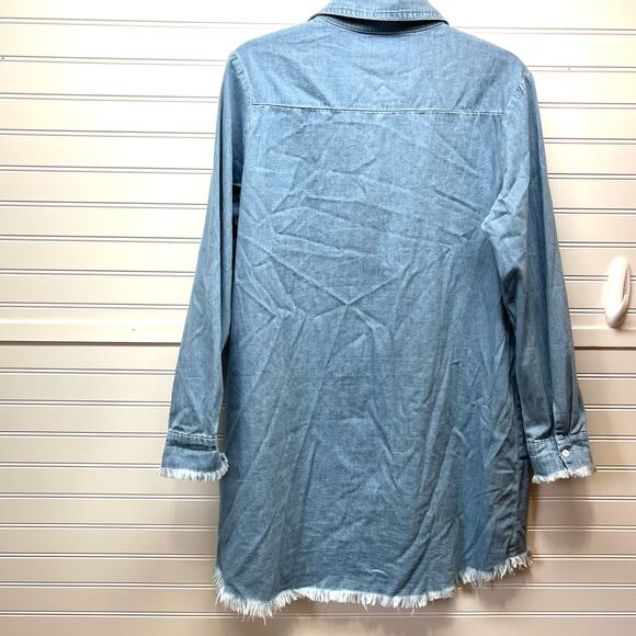 Zilcremo Denim Button Down Shirt Dress Frayed Hem & Sleeve Cuffs Size L - Picture 3 of 12
